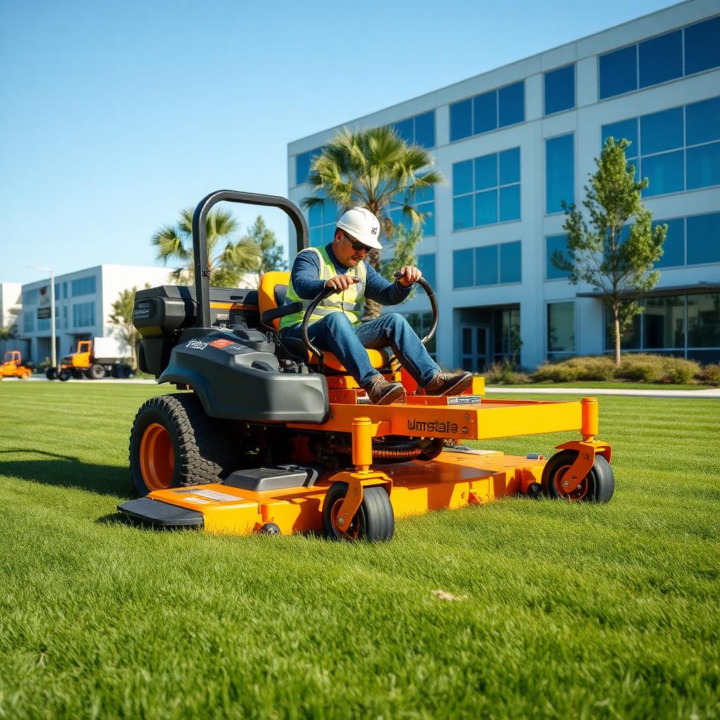 Lawn care crew operating a commercial mower on a large green turf area at a commercial property in Binghamton, NY.