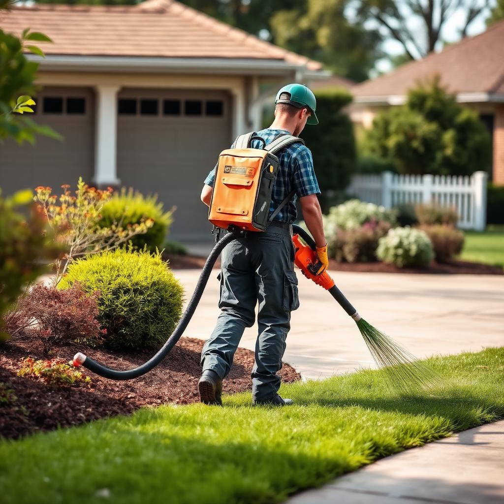 Lawn care crew member using a backpack blower to clear grass clippings from a residential driveway.