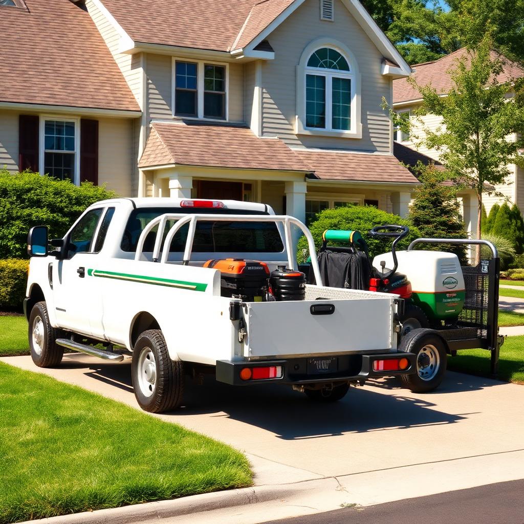 Professional lawn care truck and trailer with equipment parked in front of a well-maintained residential property.