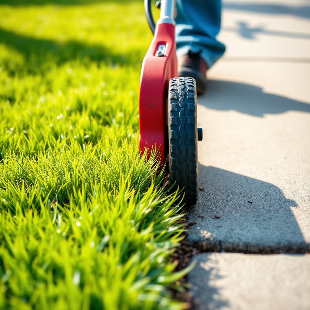 Lawn edger cutting a sharp, precise border between green turf and a concrete sidewalk.