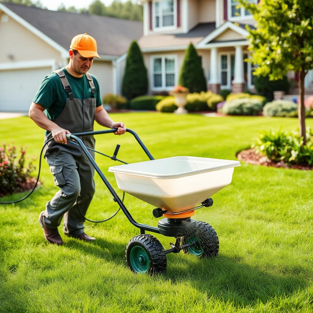 Lawn care technician applying granular fertilizer with a walk-behind spreader on a residential lawn.