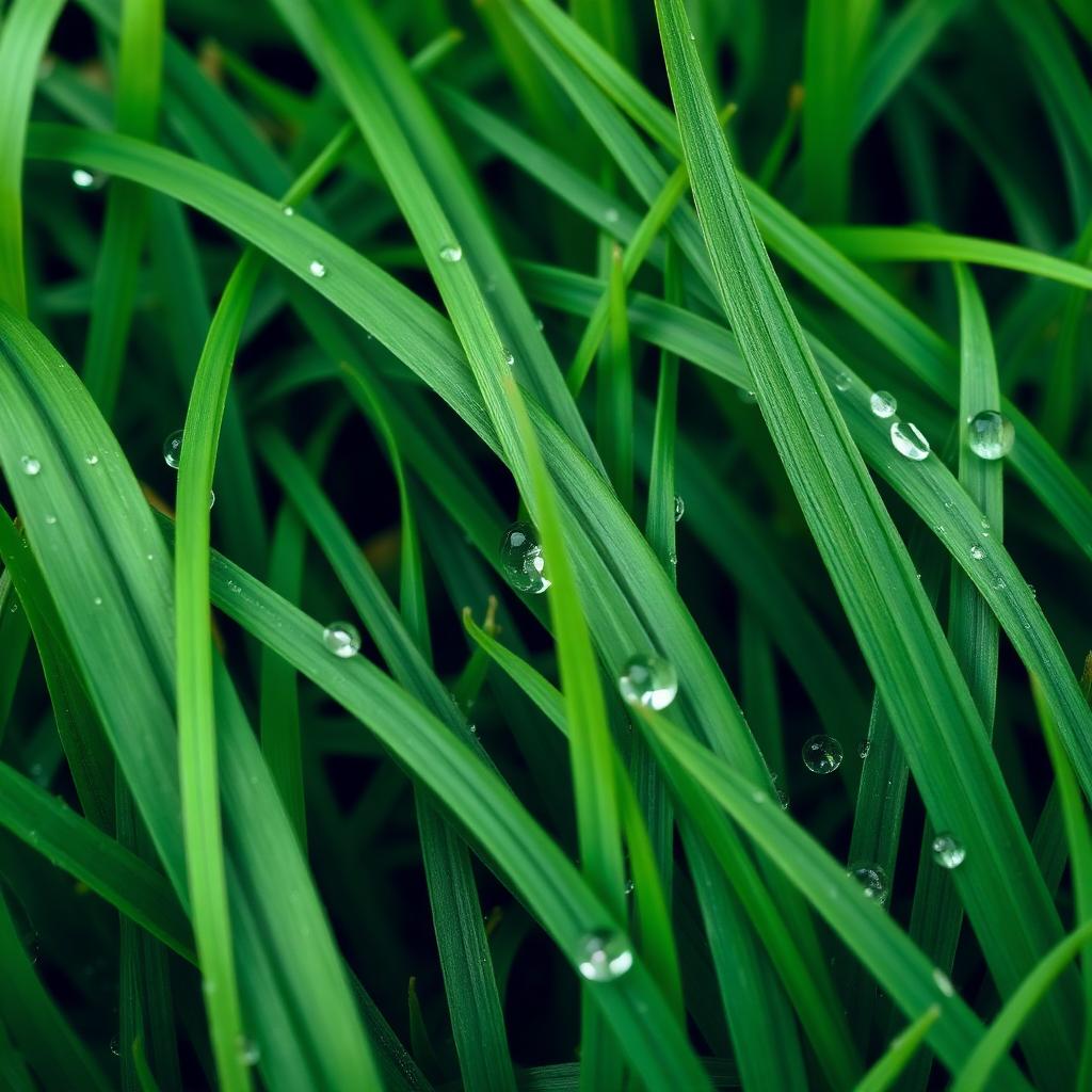 Close-up of thick, vibrant green grass blades showing healthy turf after fertilization treatment.