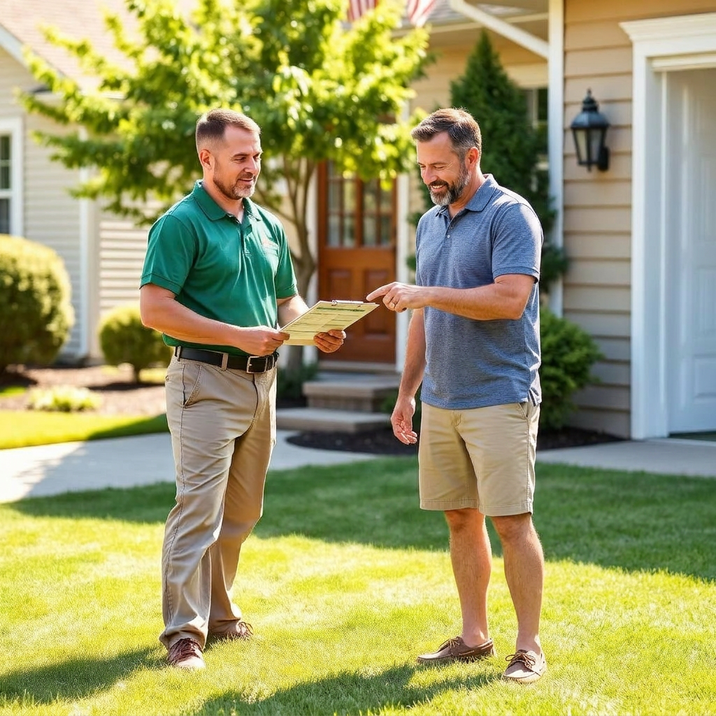 Lawn care technician reviewing a service estimate with a homeowner on a freshly cut residential lawn.