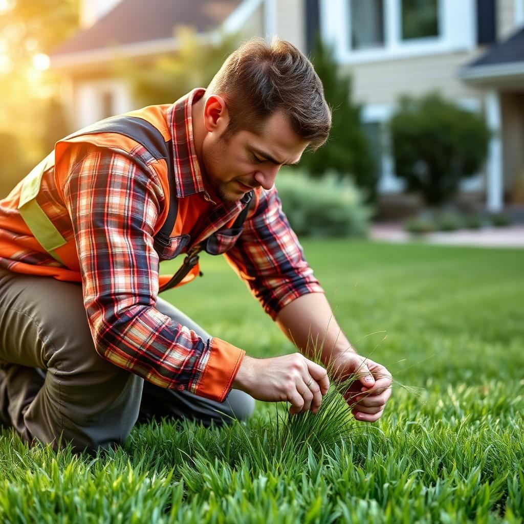 Lawn care professional kneeling on a residential lawn conducting a turf health assessment.