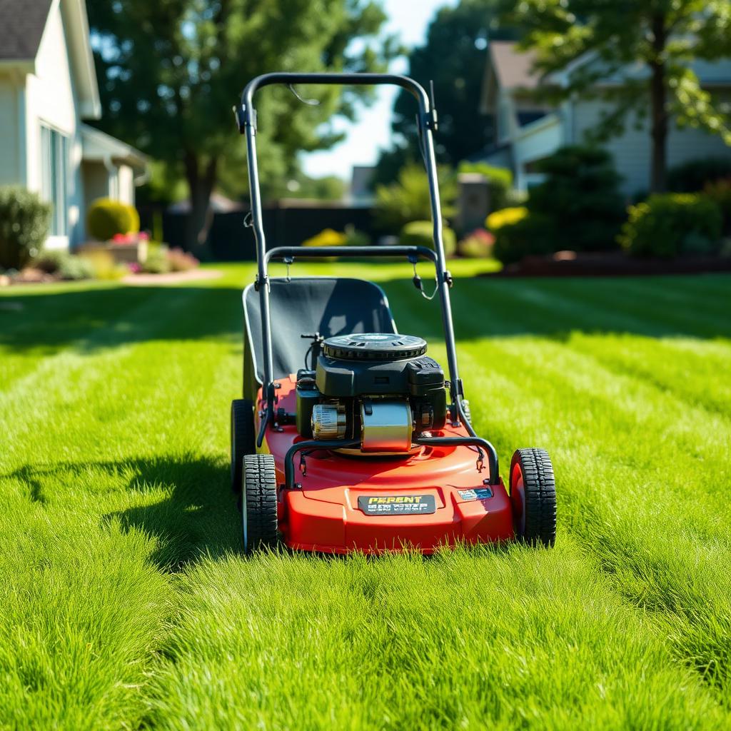 Commercial walk-behind mower creating parallel stripes on a well-maintained residential lawn.